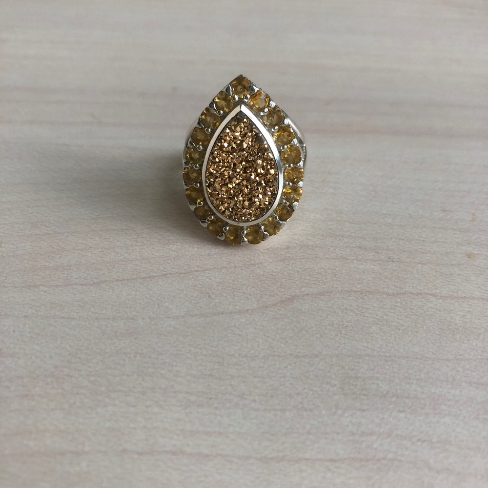 New Genuine Sterling Silver Gold Drusy & Citrine Pear Shaped Ring